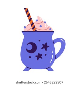 Flat vector illustration of Halloween drink for postcard, scrapbooking, print design, or sticker. Cartoon style drawing of witch's cauldron mug. Coffee or cocoa with whipped cream and straw. 
