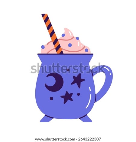 Flat vector illustration of Halloween drink for postcard, scrapbooking, print design, or sticker. Cartoon style drawing of witch's cauldron mug. Coffee or cocoa with whipped cream and straw. 