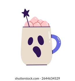 Flat vector illustration of Halloween mug with marshmallows and star sign. Scary ghost drink for sticker, print, or scrapbook. Cartoon drawing of party cocktail cup isolated on white background.