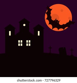 Flat Vector Illustration of Halloween Night Scene. Bat on Moon 