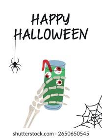 Flat vector illustration of Halloween party invitation or greeting card. Skeleton hand holding spooky drink with gummy eyes, spider and web. Festive banner or poster with Happy Halloween lettering