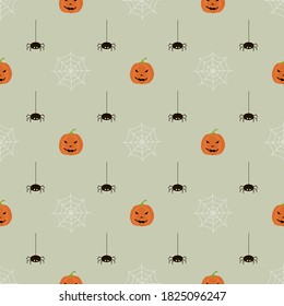 Flat vector illustration. Halloween seamless pattern with pumpkin, cobwebs and spiders. Use for web, notepad, background, paper.
