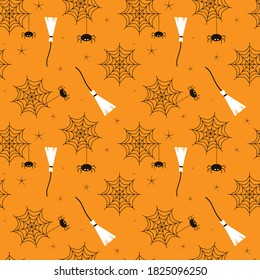 Flat vector illustration. Halloween seamless pattern with cobwebs, spiders and brooms. Use for internet, notepad, background, paper.