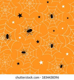 Flat vector illustration. Halloween seamless pattern with cobwebs, spiders and stars. Use for internet, notepad, background, paper.