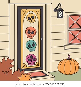 Flat vector illustration of a Halloween-themed door decorated with colorful skulls and surrounded by a pumpkin and autumn leaves. Perfect for holiday designs, party invitations, and spooky decor.