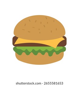 Ilustração de vetor plano de um hambúrguer em estilo 2D mínimo com tons suaves. Perfeito para menu, infográfico ou ícone de comida de rua.