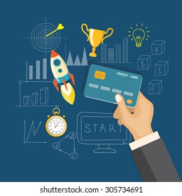 Flat  vector illustration. Hand with credit card, stopwatch, rocket, winner cup and hand drawn business symbols on the dark blue background. EPS 10