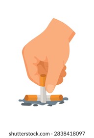 Flat vector illustration of a hand crushing a cigarette, symbolizing smoking cessation, quitting nicotine addiction, health awareness, and a smoke-free lifestyle.
