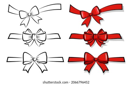 Flat vector illustration of hand drawn red ribbon. Outlined hand drawn ribbon. Suitable for greeting and celebration design element template.