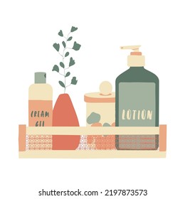 Flat vector illustration with hand drawn cosmetics on a shelf. Skin care products: cream gel jar, cotton pads, moisturizer lotion and a vase in sage green, red and beige colors. Perfect for shop, home