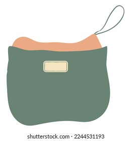 Ilustración vectorial plana con bolsa cosmética verde dibujada a mano. Objeto aislado con bolsa de viaje o bolsa de inodoro