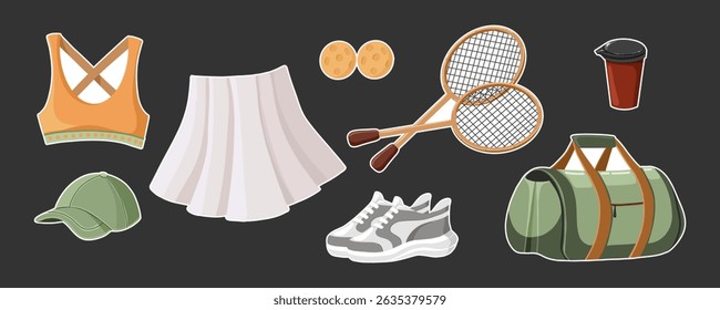 Flat vector illustration of a hand drawn sticker set on the theme of tennis, featuring rackets, balls, top, skirt, cap, sports bag, and sneakers. Isolated on dark background
