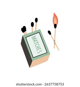 Flat vector illustration of a hand drawn matchbox and a lit match with a small flame. Isolated on a white background, cartoon style design for fire, camping, or safety themes