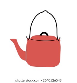 Flat vector illustration of a hand drawn red camping kettle with a handle and spout. Isolated on a white background. Ideal for outdoor cooking, camping gear, and travel themed designs