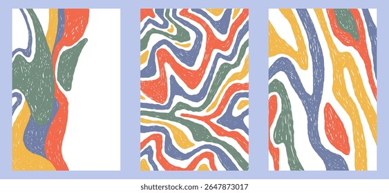Ilustração de vetor plano de um conjunto desenhado à mão de cartazes abstratos com listras onduladas coloridas e pontos irregulares com textura de lápis visível. Coleção decorativa artística e moderna para o criativo