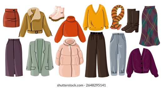 Flat vector illustration of a hand drawn set of womens clothing items, including skirts, sweaters, pants, jeans, jacket, puffer coat, blazer, boots, and high boots. Isolated on a white background.
