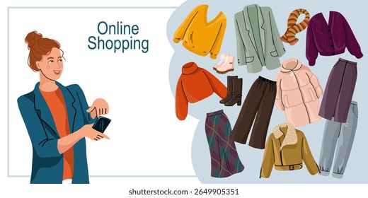 Flat vector illustration of a hand drawn horizontal banner featuring a woman using her smartphone to order clothing online. Modern concept of fashion shopping, delivery service, and mobile e commerce.