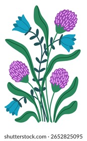 Flat vector illustration of hand drawn poster featuring isolated delicate bouquet of wildflowers, including clover and bell flower on white background. Botanical composition in a minimal style