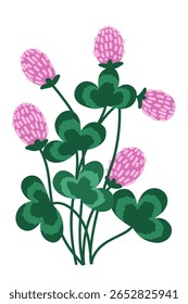 Flat vector illustration of a hand drawn poster featuring isolated a delicate bouquet of wild clover flowers with green leaves on white background. Perfect for botanical, seasonal or decorative design