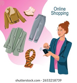 Flat vector illustration of a hand drawn banner with woman using her smartphone to order clothing online. Modern concept of fashion shopping, delivery service, and mobile e commerce. 