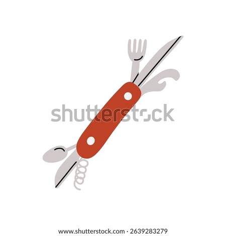 Flat vector illustration of a hand drawn folding pocket knife with extended corkscrew, fork, and spoon. Isolated on a white background. Ideal for camping, hiking, and survival themes.