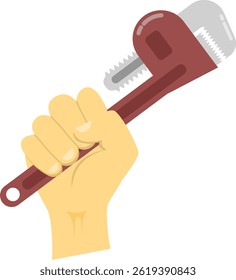 A flat, vector illustration of a hand gripping a pipe wrench on a white background. Perfect for depicting repair, plumbing, or construction concepts