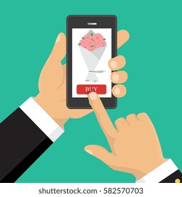 Flat vector illustration. Hand hold smart phone. Application of online flower delivery. 