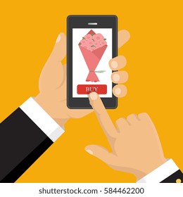 Flat vector illustration. Hand hold smart phone. Application of online flower delivery. 