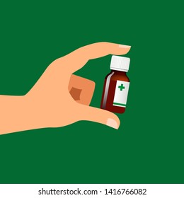 Flat vector illustration of a hand holding a medicine bottle. Health care concept illustration. Space for text. Green background.