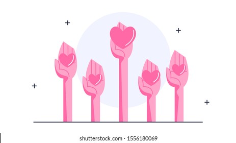 Flat vector illustration of hand holding a heart raised up. Concept of volunteering, becoming a donor. Group of people holding their hands up ready to help
