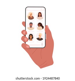 Flat vector illustration of a hand holding a phone. Social networking with friends. Clubhouse audio chat. Isolated design on white background