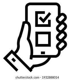 Flat vector illustration of a hand holding a gadget icon design with a voting application website display, i.e. there is an editable line style checklist sign. 4000 x 4000 pixel perfect.