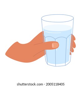 Flat vector illustration of a hand holding a glass of water. The concept of drinking enough water to maintain water balance. Isolated design on a white background.