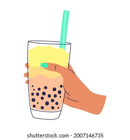 Flat vector illustration of a hand holding cold Taiwanese milk tea with tapioca in a glass. Isolated design on a white background.