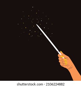 Flat vector illustration of a hand holding a magic wand. Isolated design on a dark background.