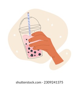 Flat vector illustration of a hand holding cold Taiwanese tea with milk and tapioca in a plastic cup. Isolated design on a white background. Vector stock illustration. 