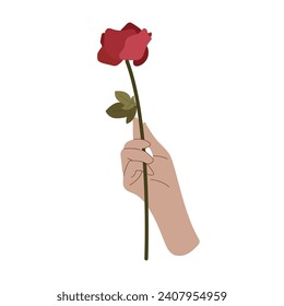 Flat vector illustration of a hand holding a rose