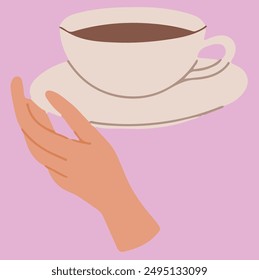 Flat vector illustration of hand holding coffee cup with saucer. Wrist keep the plate. Vector icon isolated on pink background.