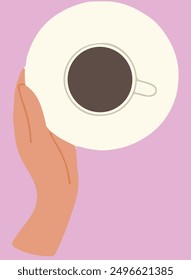 Flat vector illustration of hand holding white saucer and cup. Top view of crockery with hot drink. Vector icon isolated on pink background.