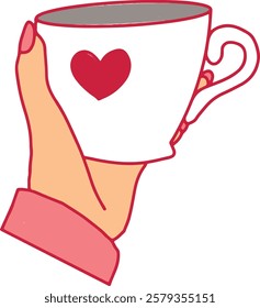 Flat vector illustration of hand holding cup with the heart. Love, romantic, st valentine,s day symbol.