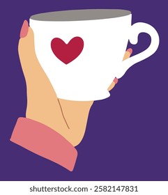 Flat vector illustration of hand holding cup with the heart. Love, romantic, st valentine,s day symbol.