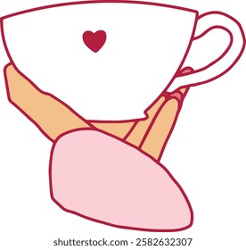 Flat vector illustration of hand holding cup with the heart. Love, romantic, st valentine,s day symbol.