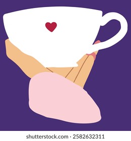 Flat vector illustration of hand holding cup with the heart. Love, romantic, st valentine,s day symbol.