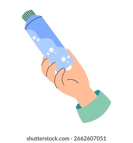 Ilustración vectorial plana de una mano sosteniendo una botella de agua de plástico. Hidratación, estilo de vida saludable y tema ecológico.