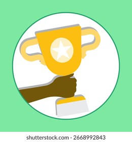 Ilustração de vetor plano de uma mão segurando um troféu de ouro com símbolo de estrela. Perfeito para competição esportiva, cerimônia de premiação, realização de sucesso, celebração de campeões e design de reconhecimento de vencedores.