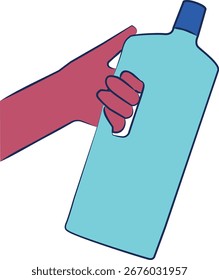 Ilustración vectorial plana de una mano sosteniendo una botella de plástico con asa. Adecuado para conceptos de reciclaje, sostenibilidad, embalaje, producto de limpieza, contenedor de líquidos, agua o diseño doméstico.