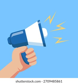 Flat vector illustration of a hand holding a megaphone with sound waves coming out. Perfect for concepts related to announcements, communication, alerts, promotion, marketing, and public speaking