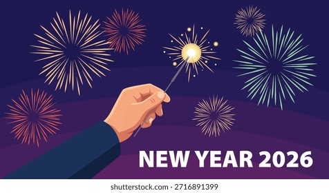 Ilustración vectorial plana de una mano que sostiene una bengala con fuegos artificiales coloridos en el cielo nocturno, celebrando el Nuevo año 2026. Diseño de fondo festivo de vacaciones para la celebración del Año Nuevo, tarjetas de felicitación, carteles, Anuncios y redes sociales.