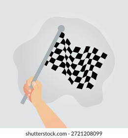 Ilustración vectorial plana de una mano que sostiene una bandera de carrera a cuadros en blanco y negro, que simboliza la línea de meta, la victoria, la competencia, la velocidad y los eventos deportivos con un estilo minimalista limpio