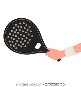 Ilustración vectorial plana de una mano que sostiene una pala de pádel negra con superficie perforada. Estilo de dibujos animados minimalista y moderno aislado sobre fondo blanco. Adecuado para conceptos de pádel, diseño de equipos deportivos, contenido de fitness, materiales de entrenamiento, App móviles, Sitios web, carteles y elementos visuales promocionales.